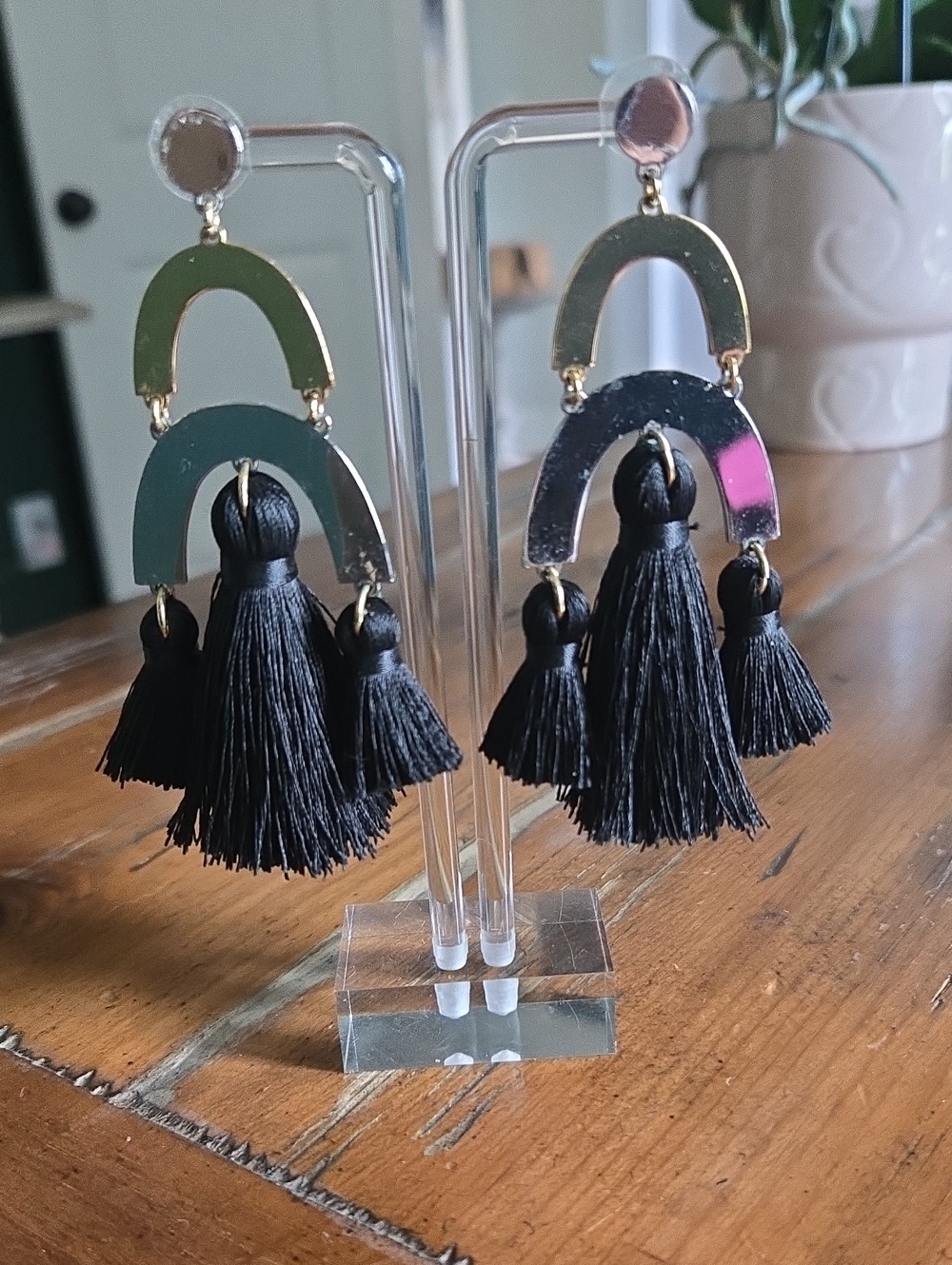 BaubleBar Black Tassel Arch Drop Earrings with Gold Accents
